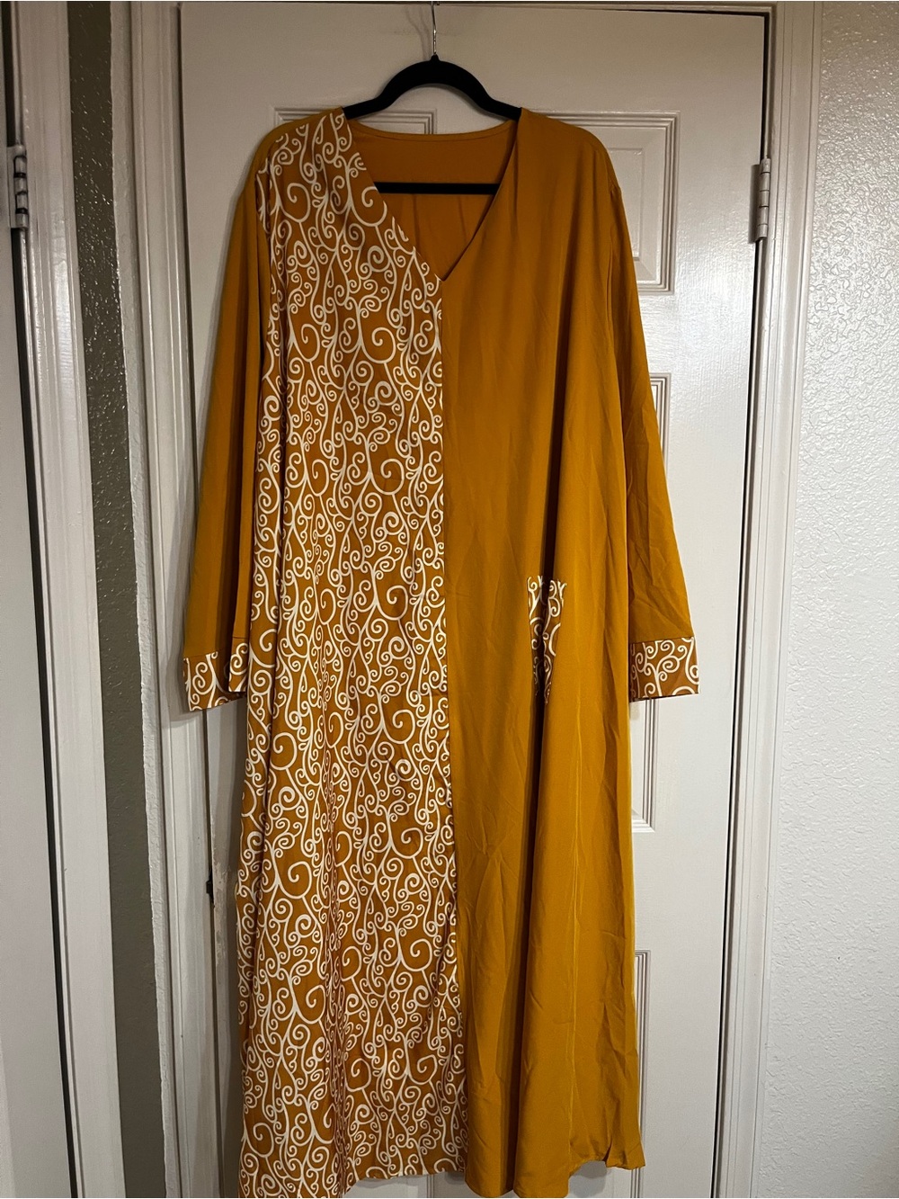 Women's Mustard Split-Panel Long Dress with White Swirl Print